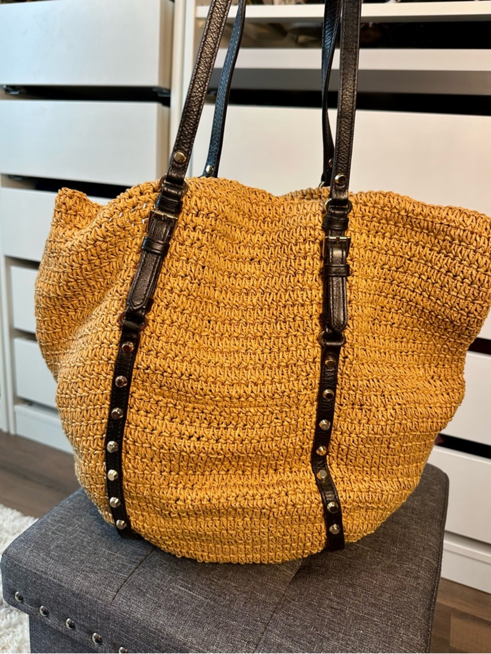 Michael Kors Mustard Yellow Woven Tote with Black Trim - Picture 4 of 14
